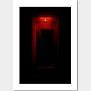 Digital collage, special processing. Room, corridor. Entrance to some dark place. Red. Posters and Art